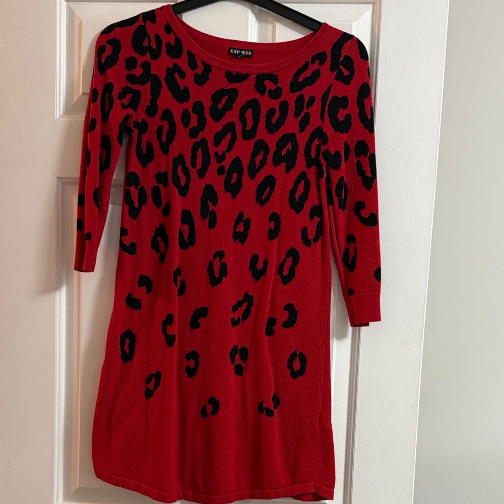 Express Red and Black Animal Print 3/4 Sleeve Dress